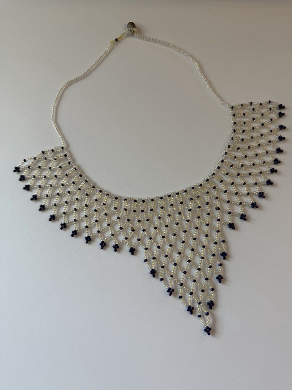 White & Blue Glass Beaded Bib Statement Necklace, Bohemian, Hook Closure